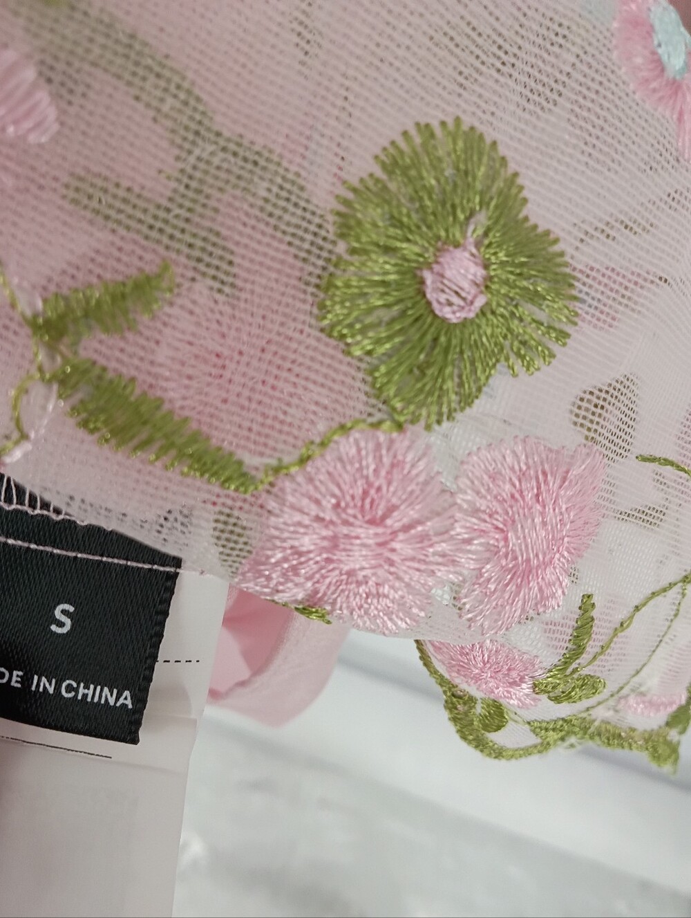 Coqutte Style Pink Floral Embroidered Mini Dress with Strappy Back Romantic Bow - Picture 5 of 7